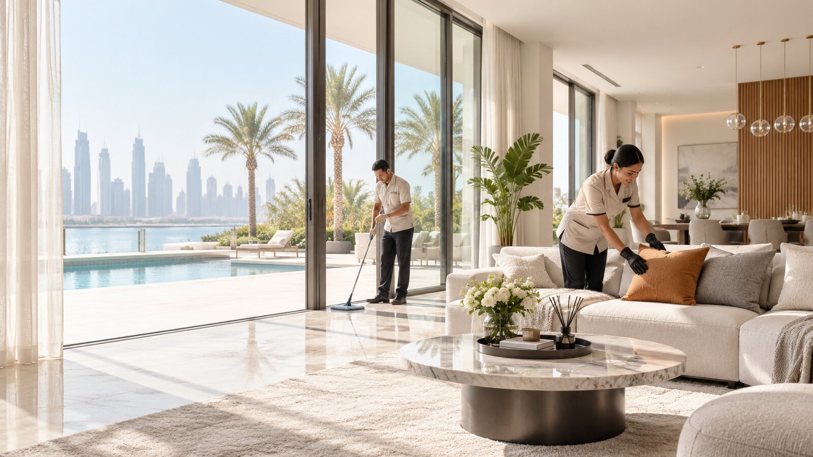 Professional cleaning team in a bright Dubai villa